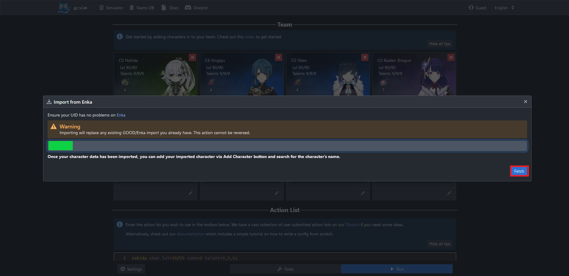 Imported character appears in selector